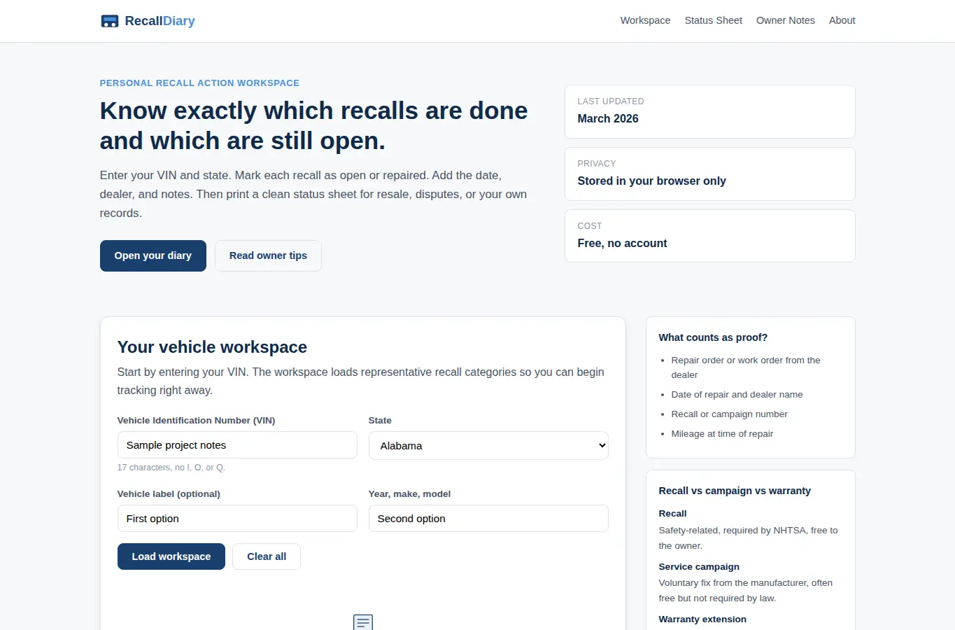 Screenshot of Vehicle Recall Repair Diary interface showing the project page in use